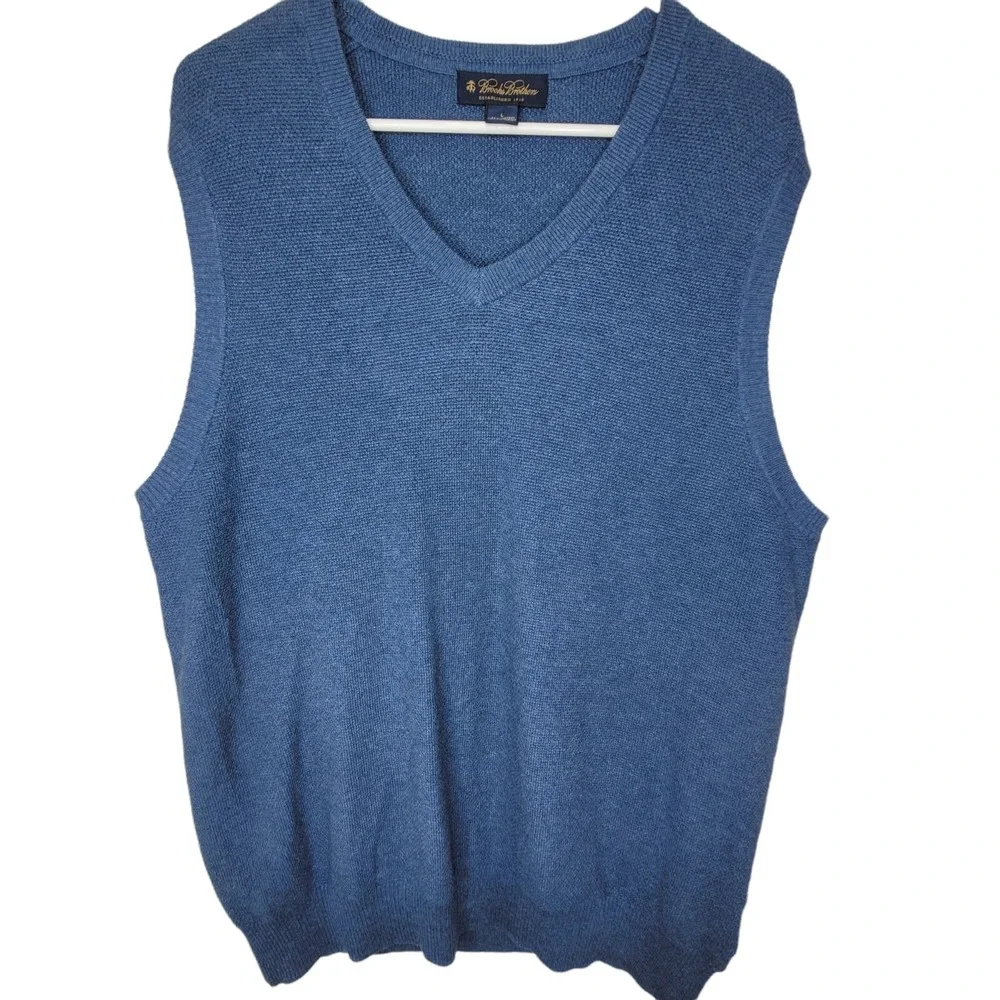 Brooks Brothers V-Neck Sweater Vest Adult Large Blue Cotton Cashmere Blend Mens‎